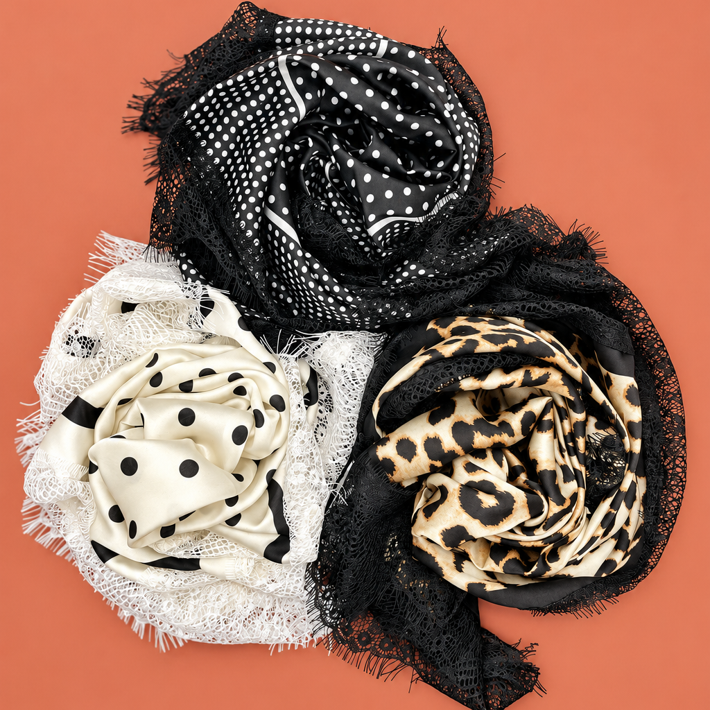 Patterned Silk-Feel Lace Trim Square Scarf | 40SC774