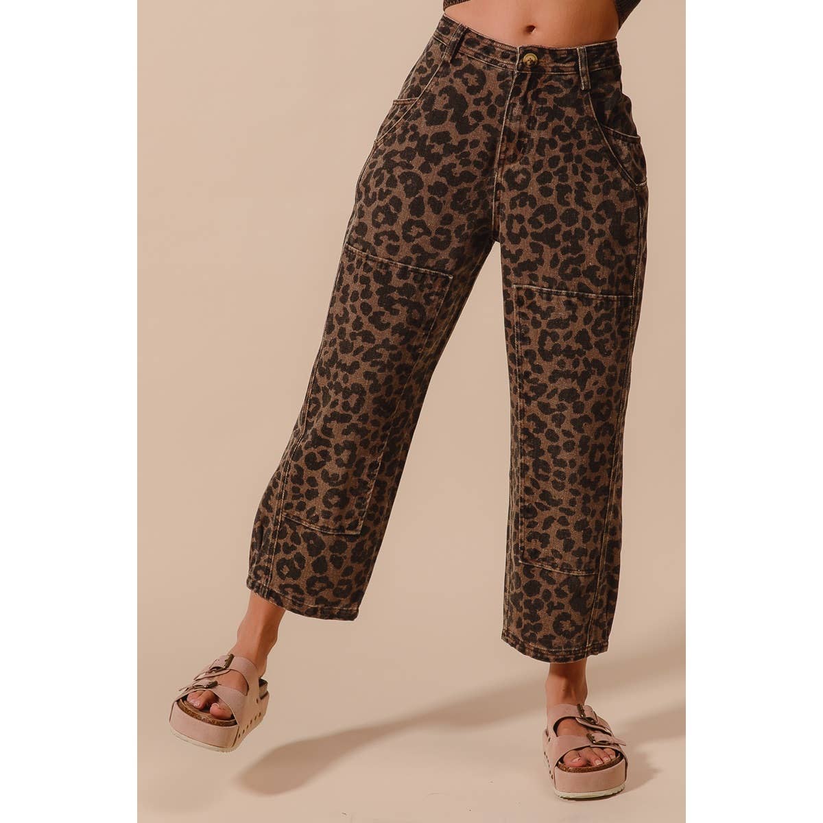 TWO TONED LEOPARD PRINT TWILL MID RISE WIDE PANTS