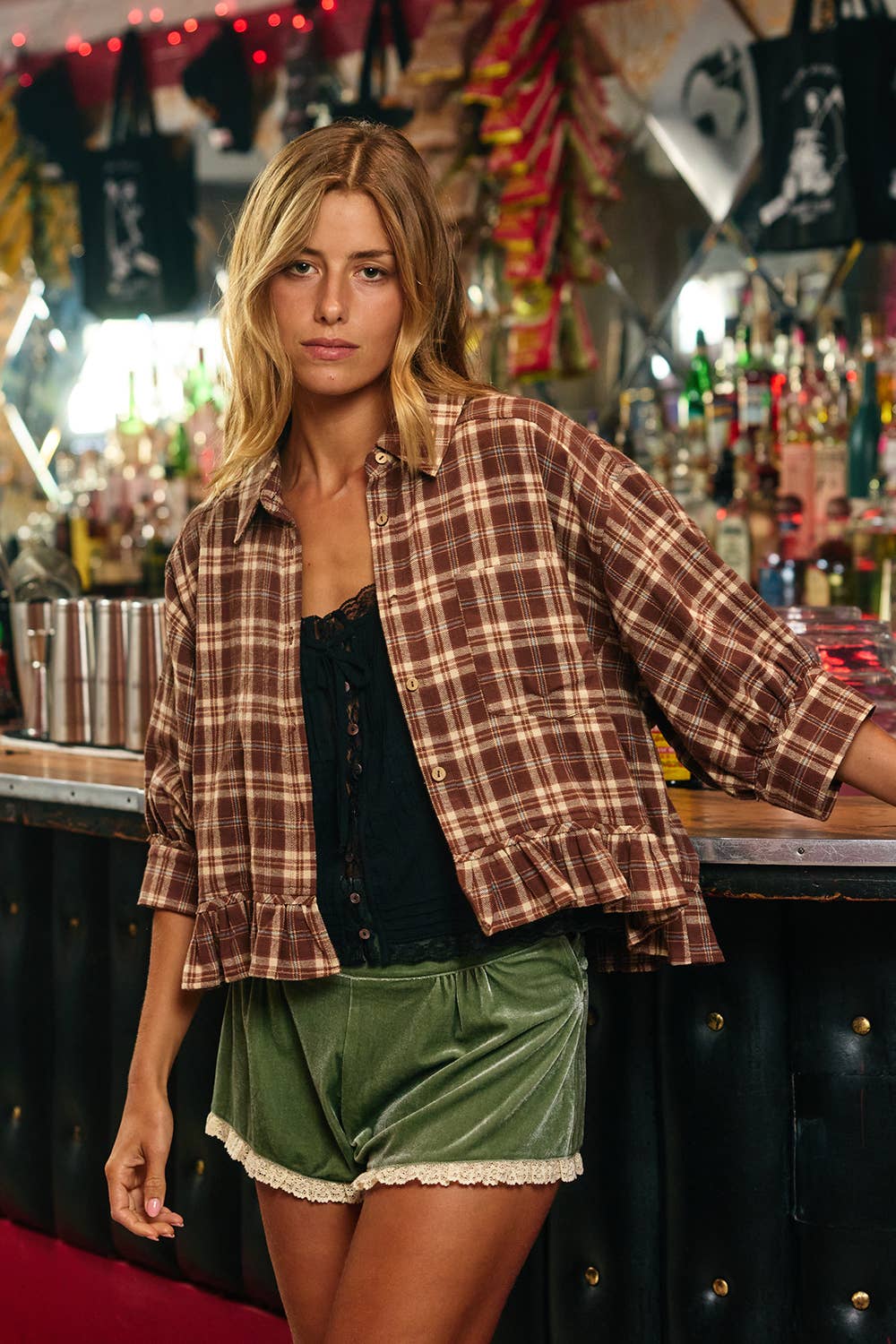IT2444D Check Print Ruffle Hemline Shirt Top