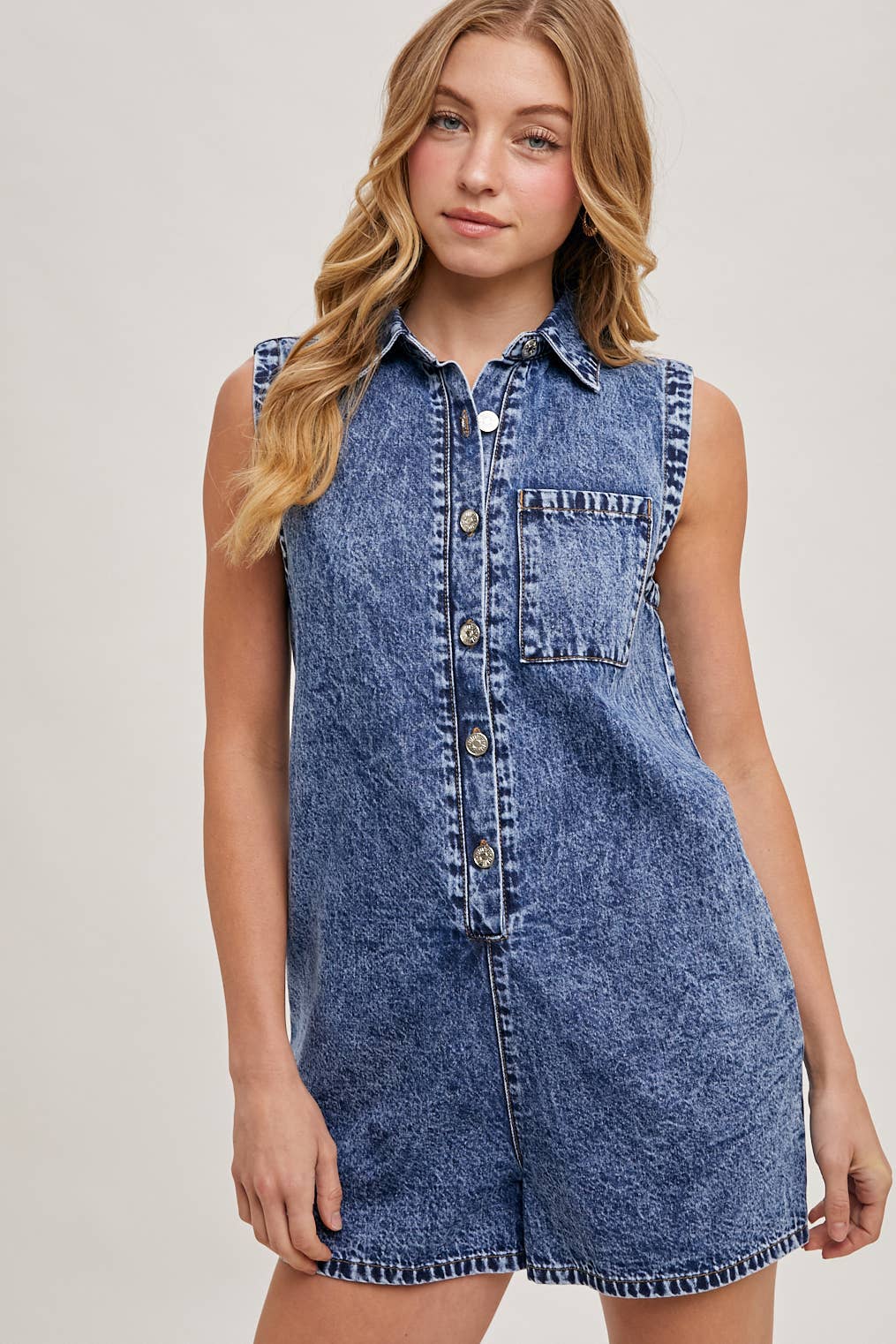 BUTTON DOWN SLEEVELESS SHIRT ROMPER