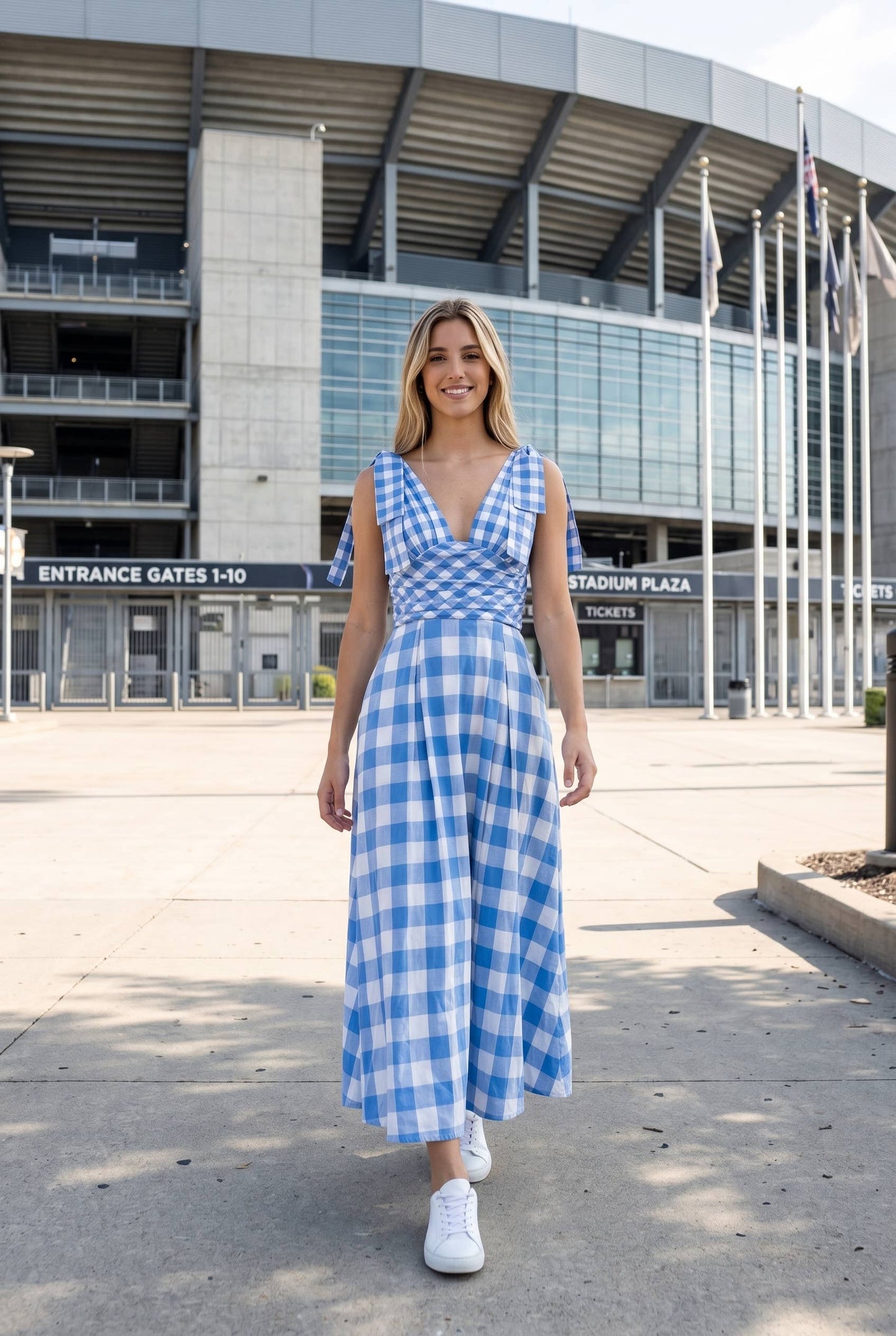 Check Pattern Tie Shoulder Maxi Dress