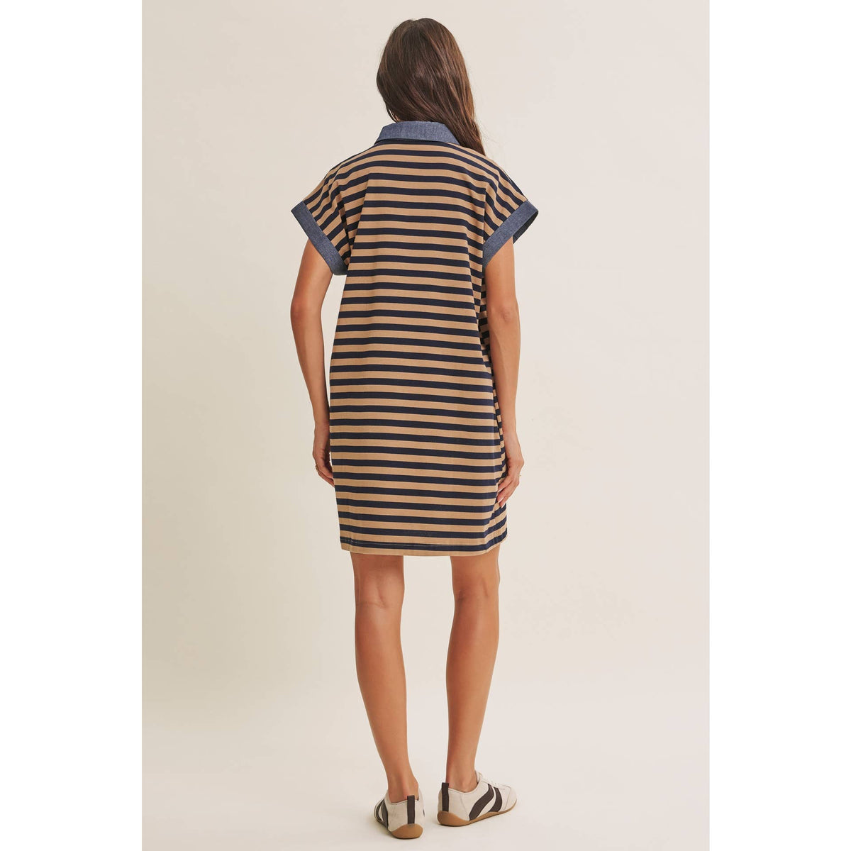 STRIPE COTTON POLO MINI DRESS WITH DENIM CONTRAST