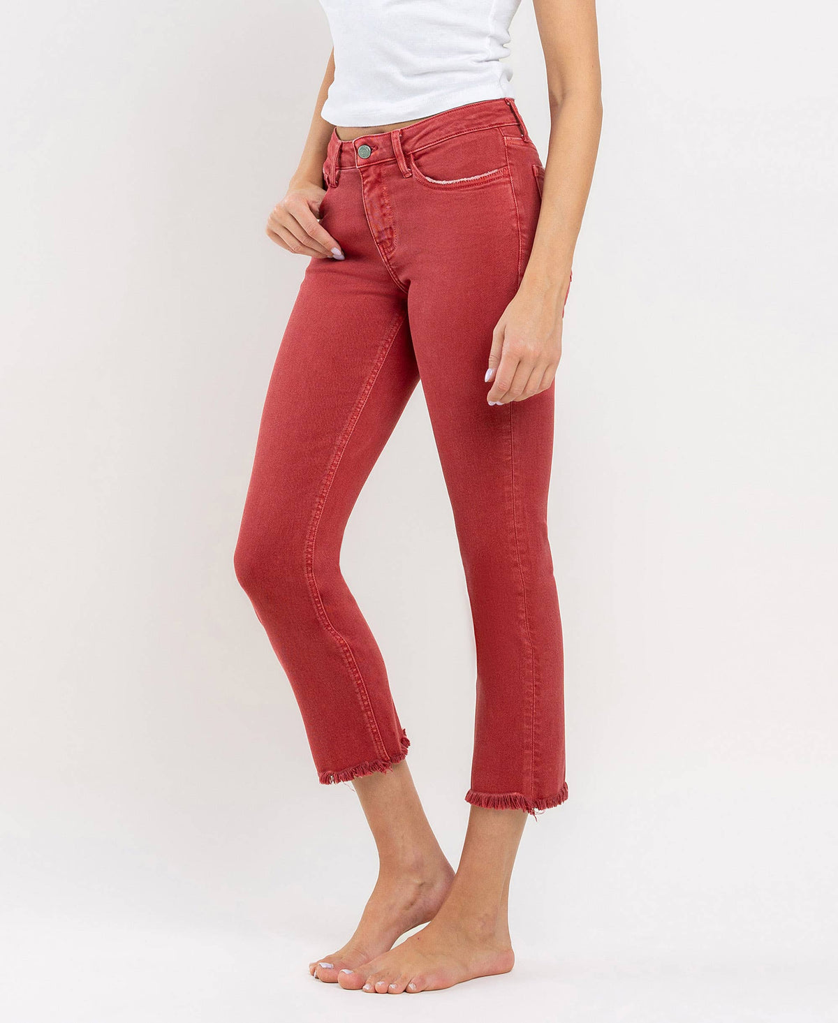 MID RISE FRAYED HEM CROP SLIM STRAIGHT JEANS V3500PRD