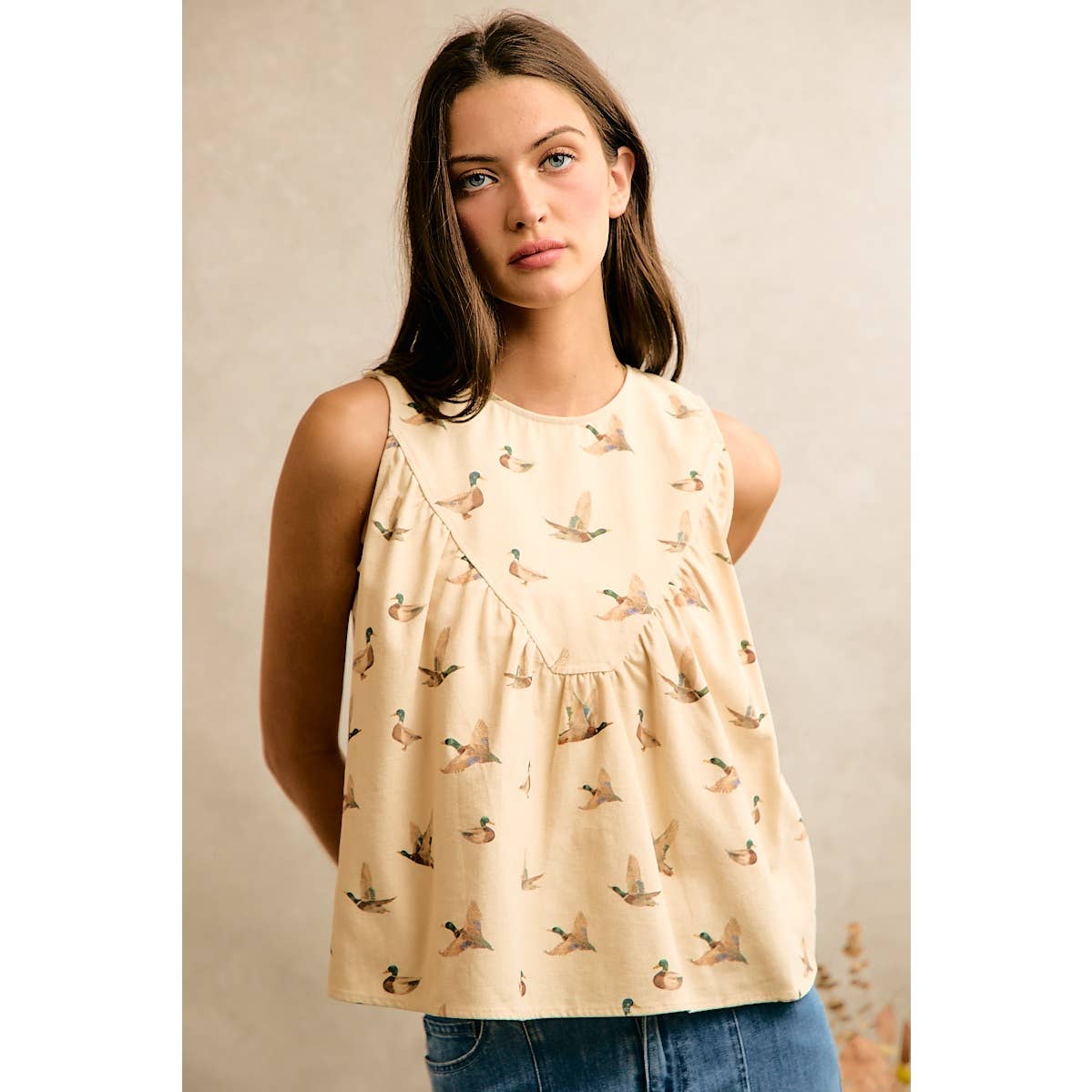 MALLARD DUCK PRINT COTTON TWILL WASH SHIRRED TANK TOP