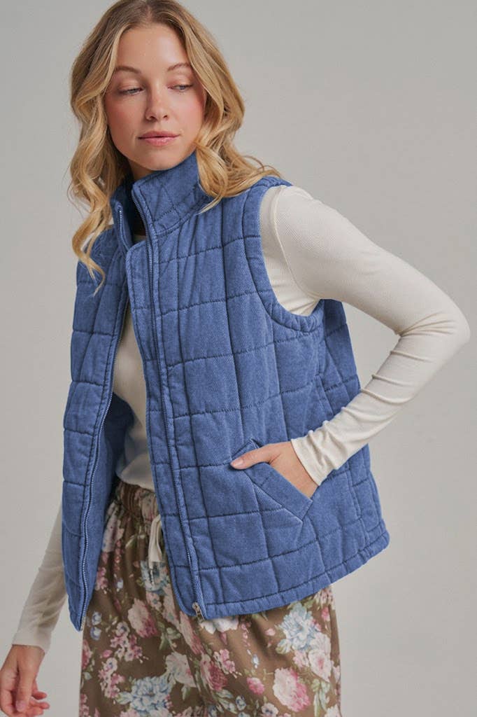 VINTAGE WASHED QUILTED PUFFER VEST STAND COLLAR_JLT00330-01