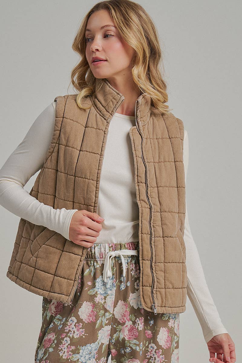 VINTAGE WASHED QUILTED PUFFER VEST STAND COLLAR_JLT00330-01