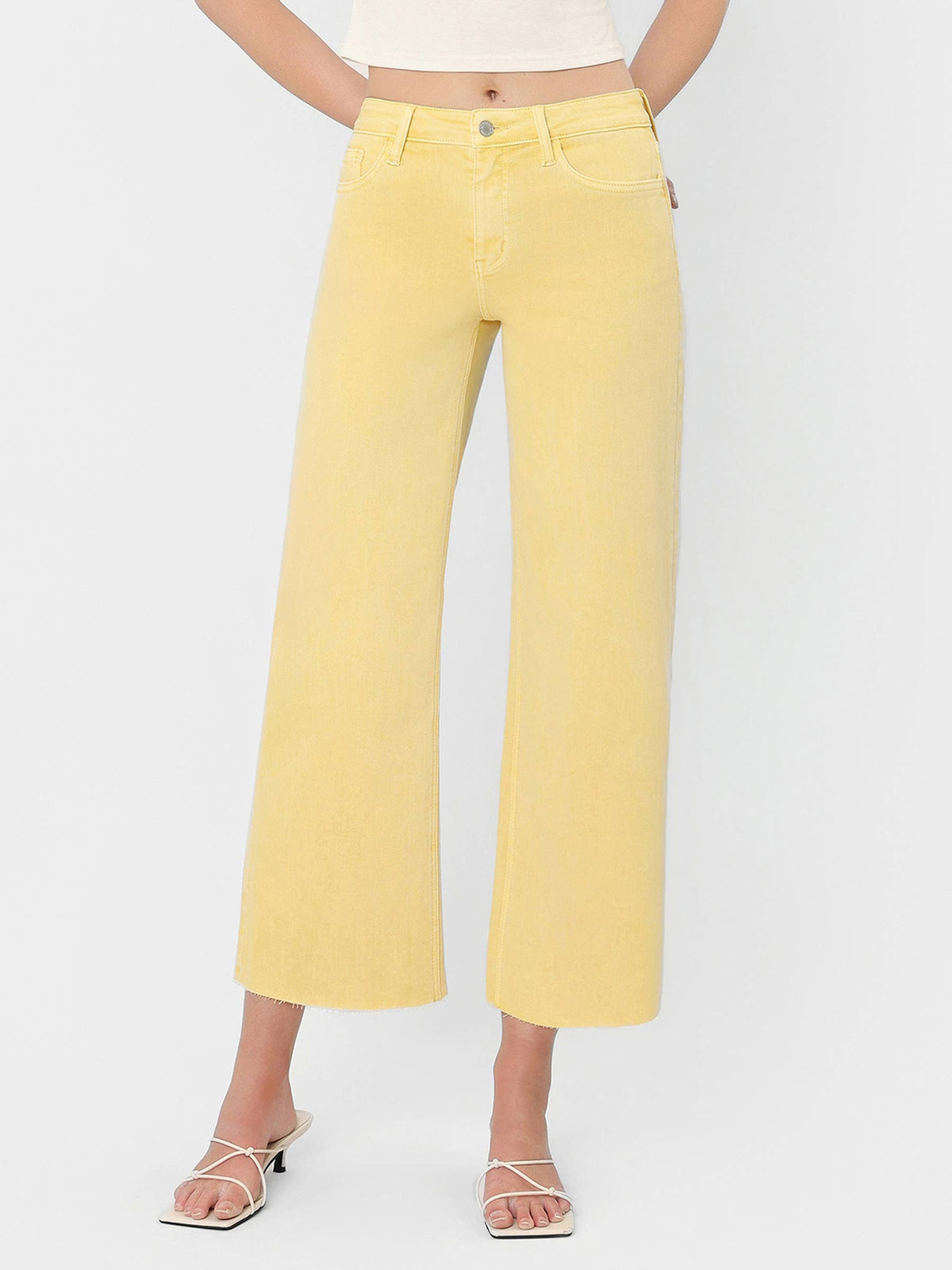 HIGH RISE BABY YELLOW COLOR CROP WIDE LEG JEANS T5894BYL
