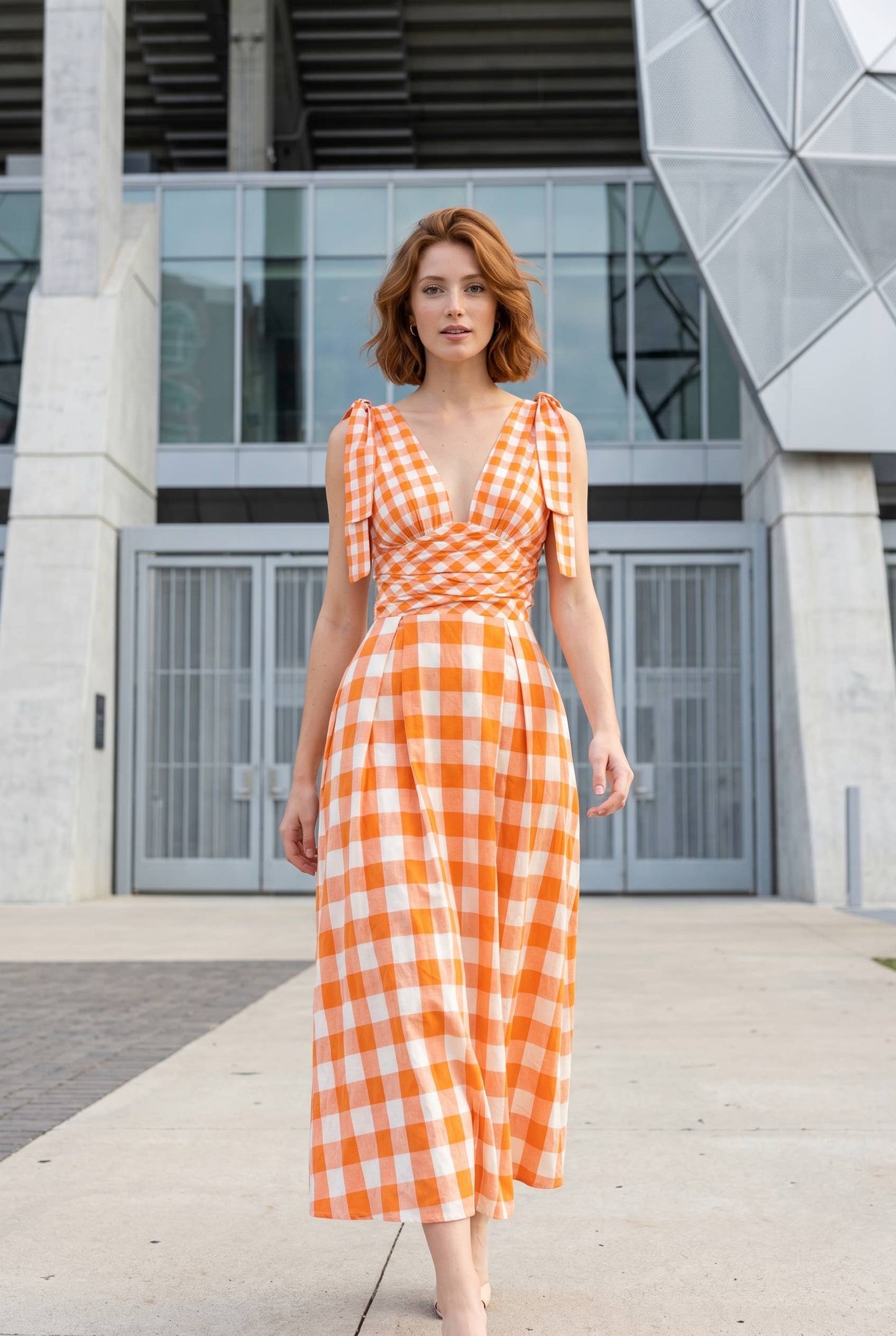 Check Pattern Tie Shoulder Maxi Dress
