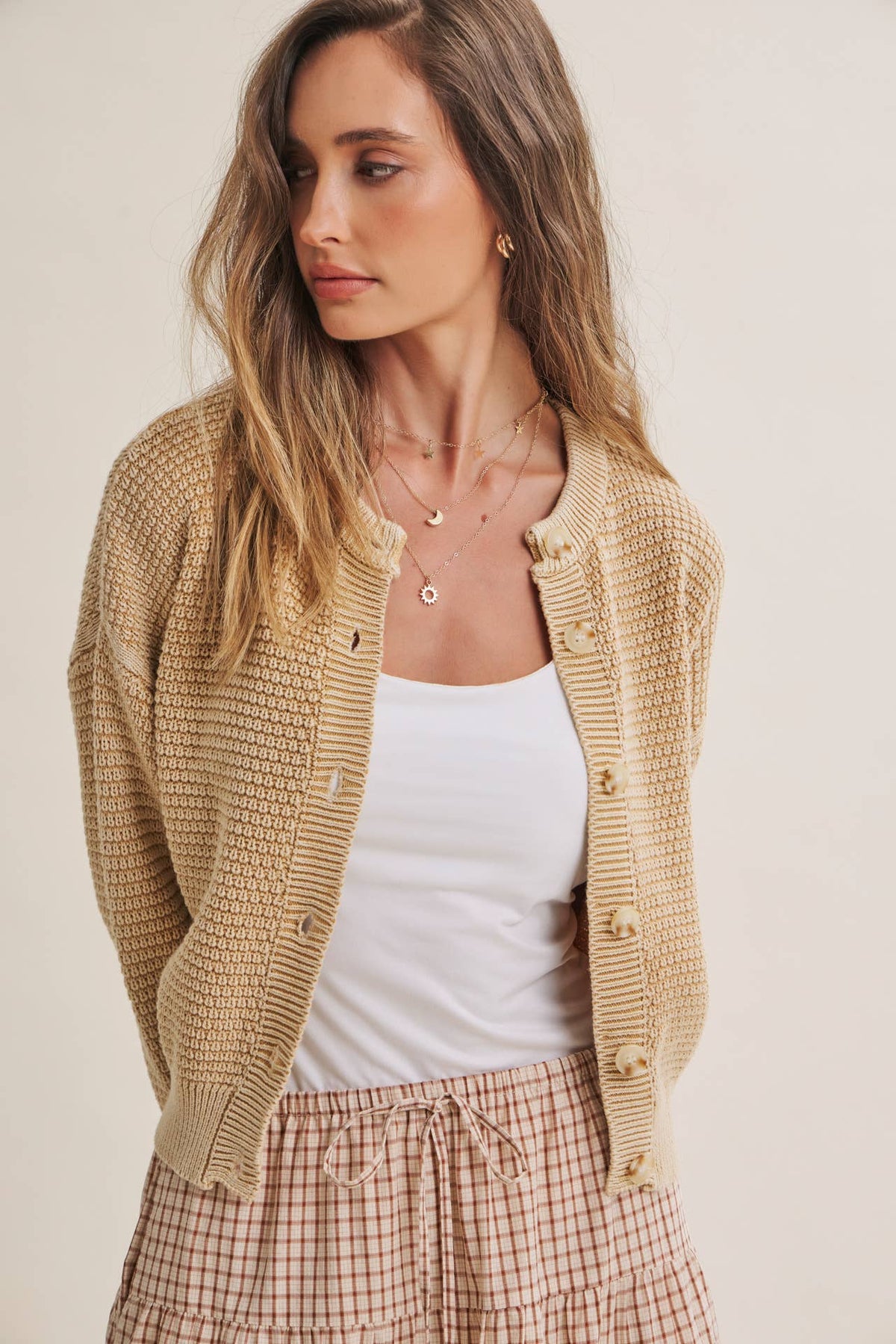 SEASONLESS MINERAL-WASHED COTTON WAFFLE BUTTON-DOWN CARDIGAN