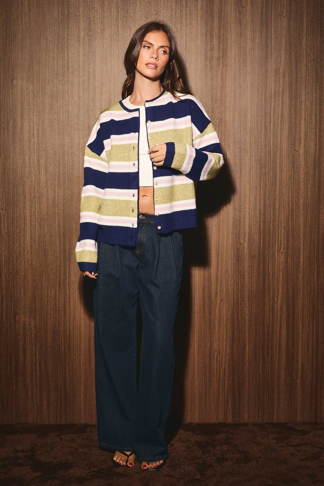 Striped Soft Knit Crew Neck Button Cardigan