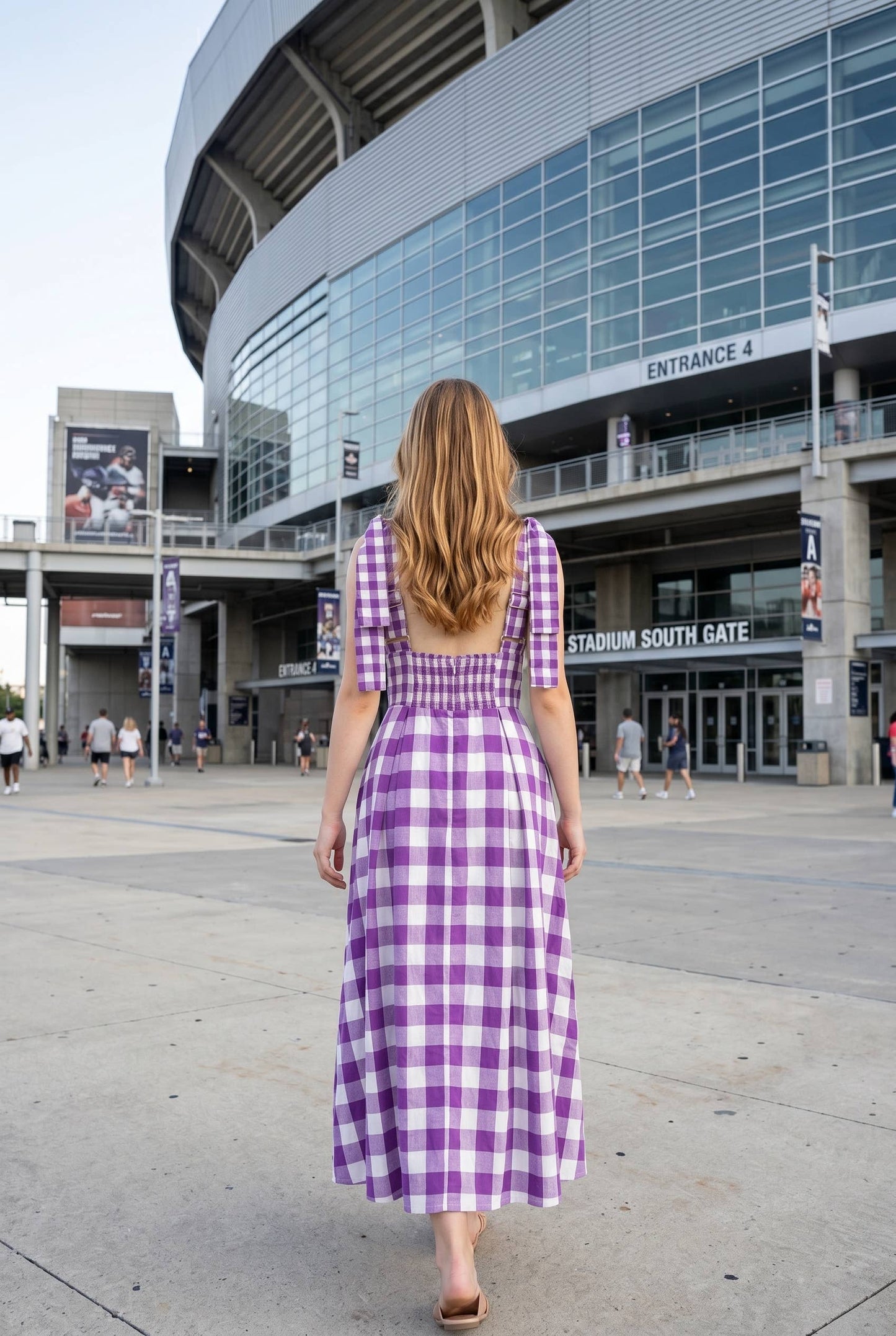 Check Pattern Tie Shoulder Maxi Dress