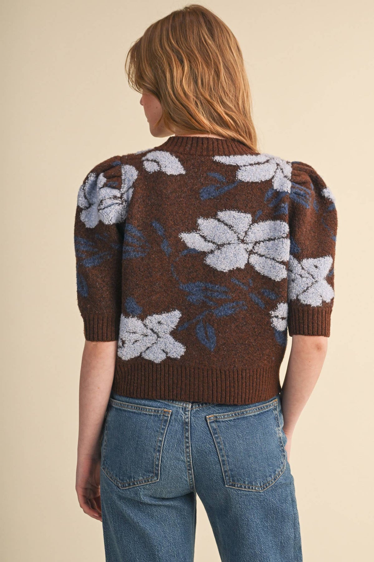 FLORAL KNIT SHORT PUFF SLEEVE SWEATER CARDIGAN MSW11393