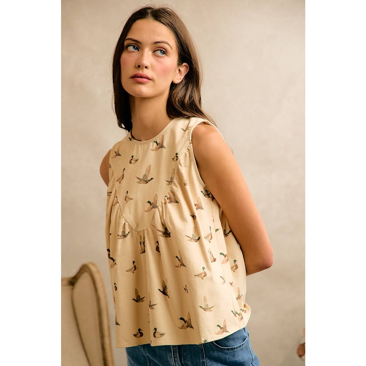 MALLARD DUCK PRINT COTTON TWILL WASH SHIRRED TANK TOP