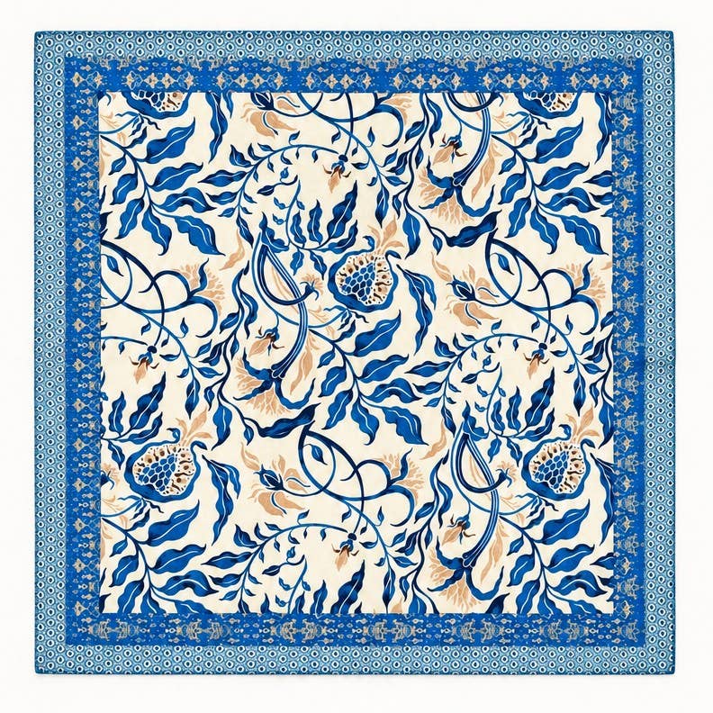 Blue Botanical Leaf Print Square Scarf | 40SC762