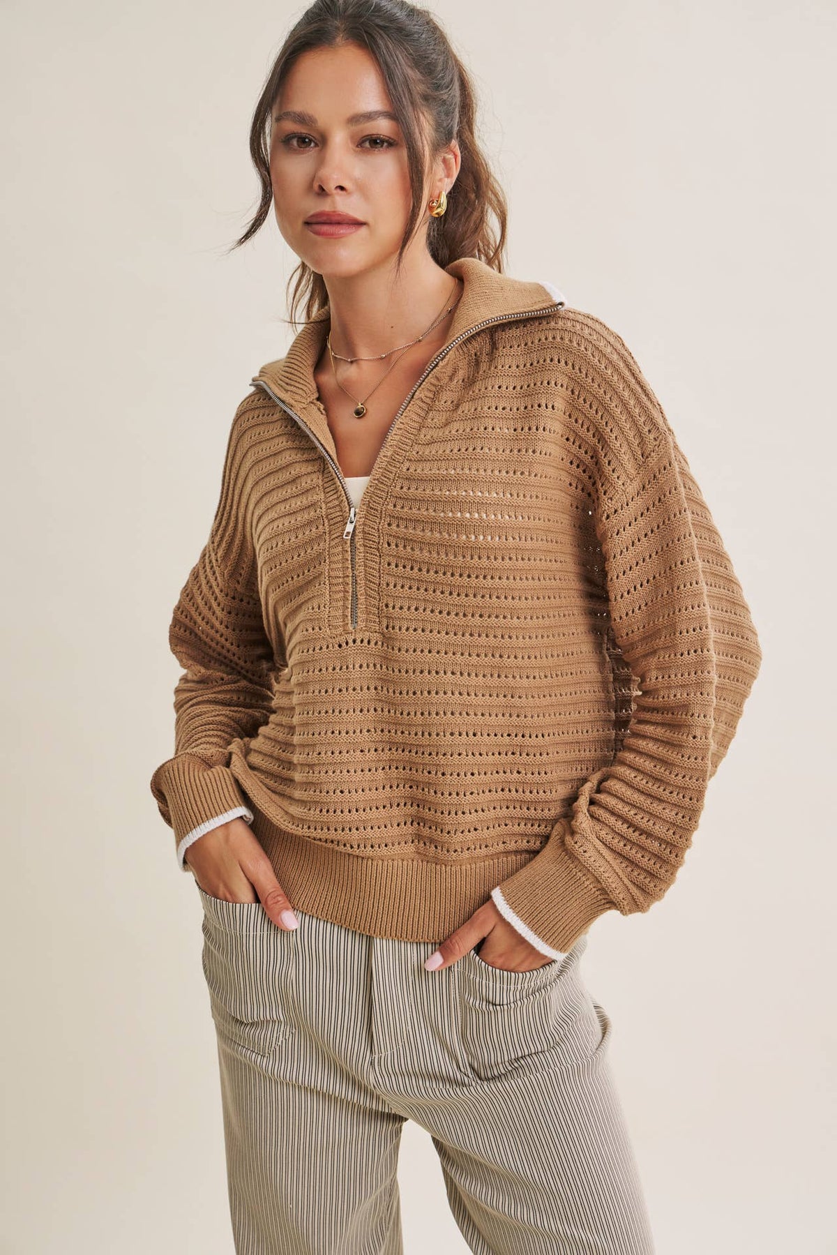 MOUNTAIN AIR CROCHET TEXTURE HALF-ZIP COTTON BLEND SWEATER
