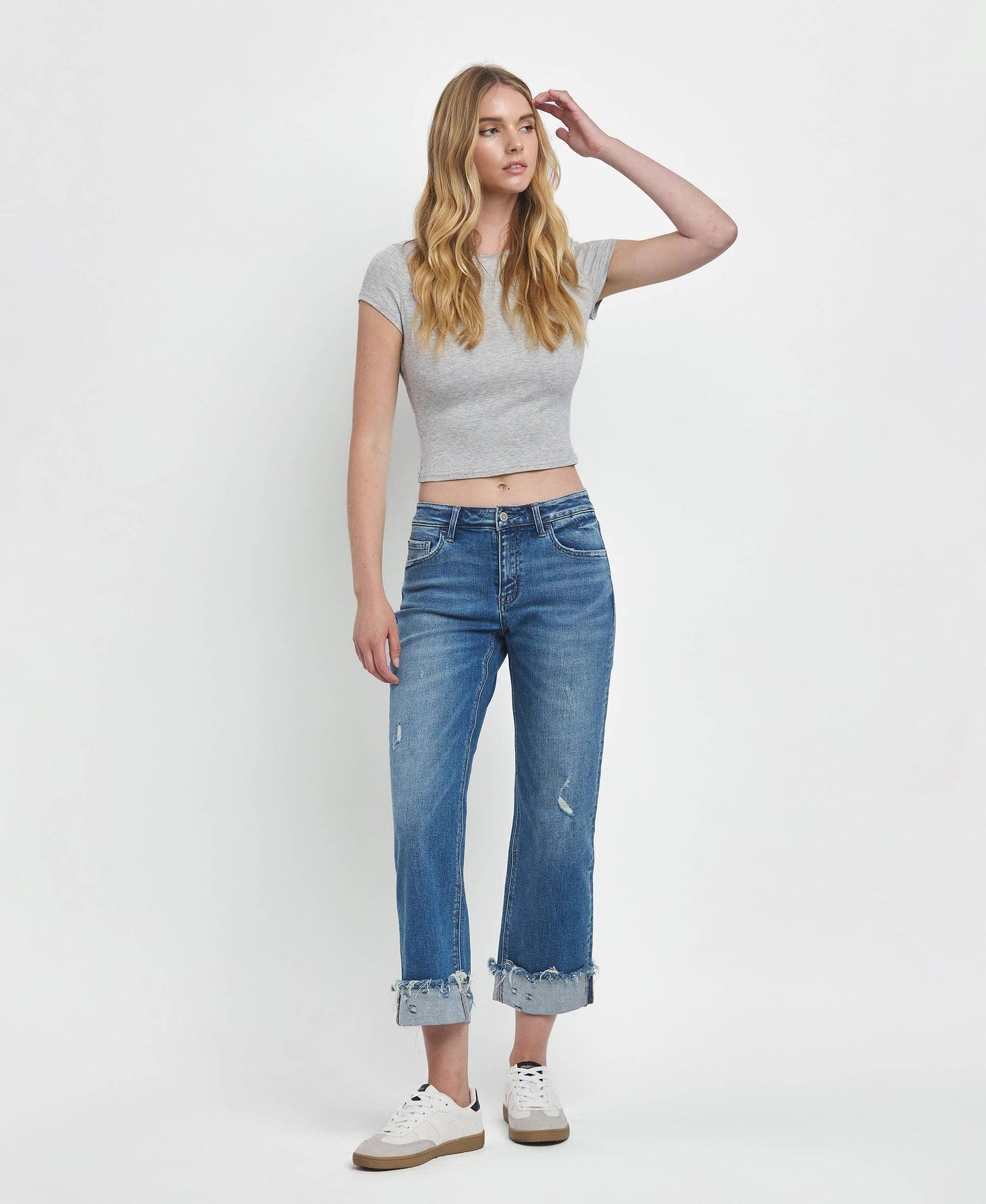 MID RISE RAW CUFFED HEM SLIM WIDE JEANS F5861