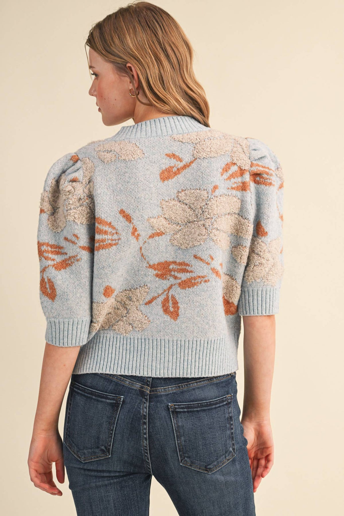 FLORAL KNIT SHORT PUFF SLEEVE SWEATER CARDIGAN MSW11393