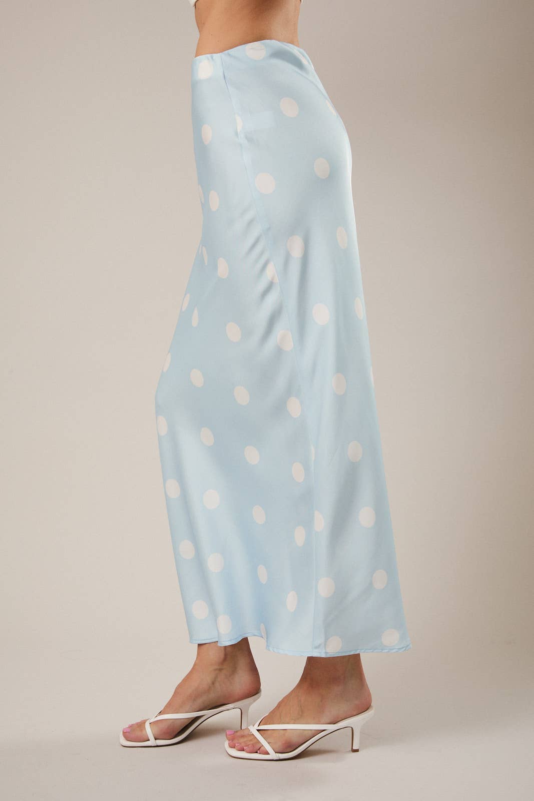 Polka Dot Satin Elastic Waist Midi Skirt