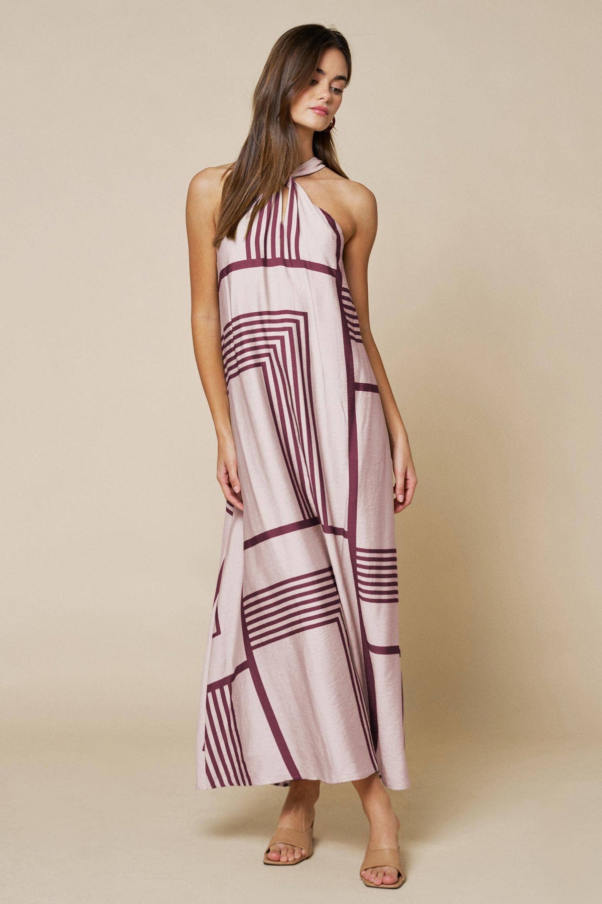 Geo Print Front Tie Keyhole Halter Maxi Dress