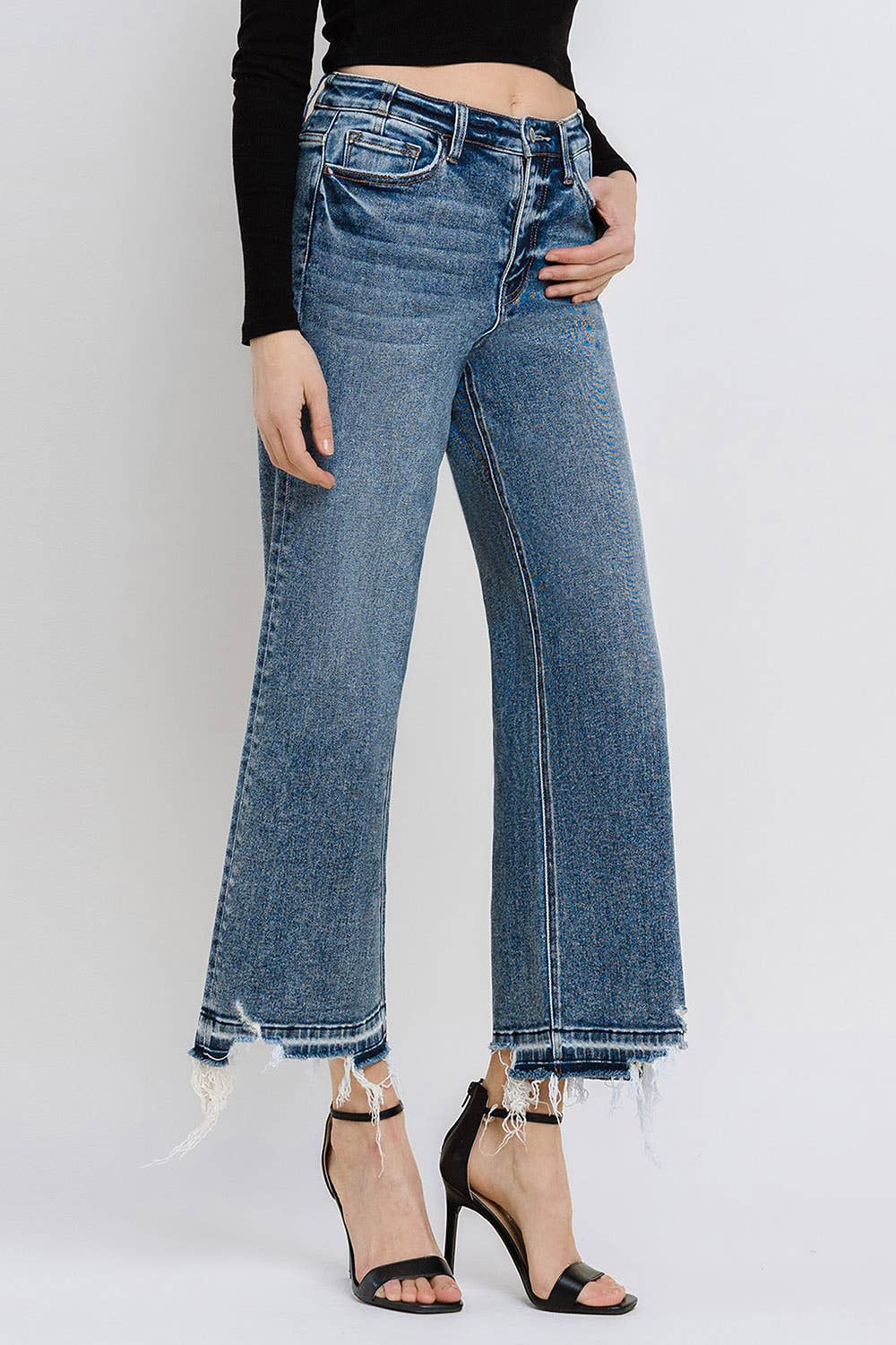 Flying Monkey SUPER HIGH RISE UNEVEN RAW HEM CROP WIDE JEANS