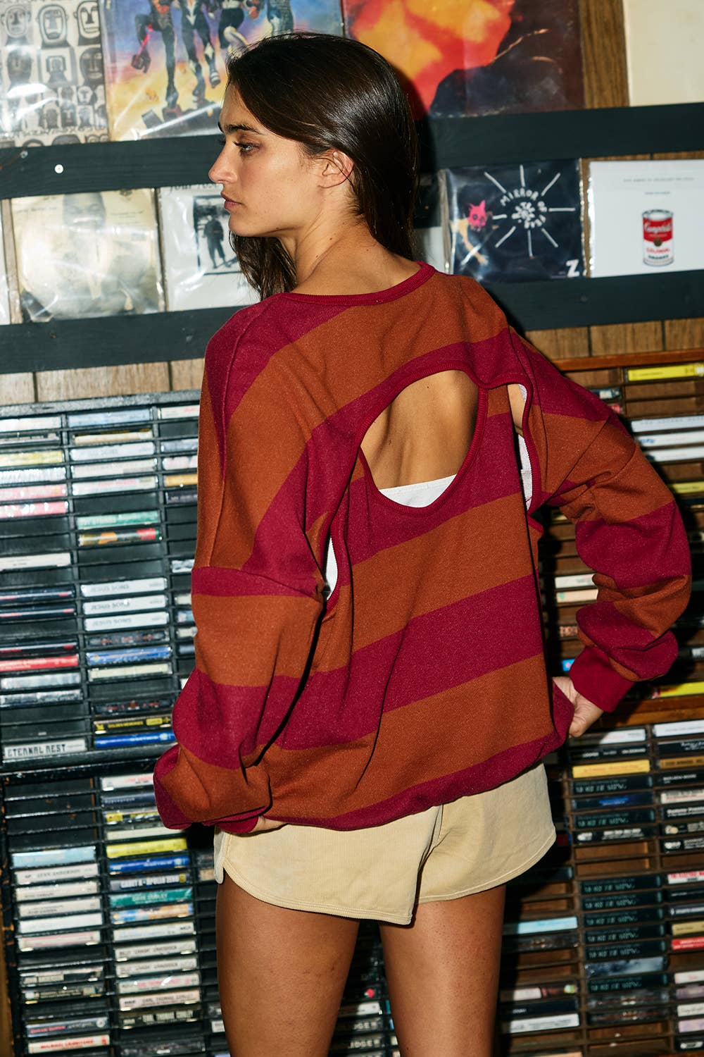IT10015A | Cut-out Back Horizontal Stripe Sweatshirt