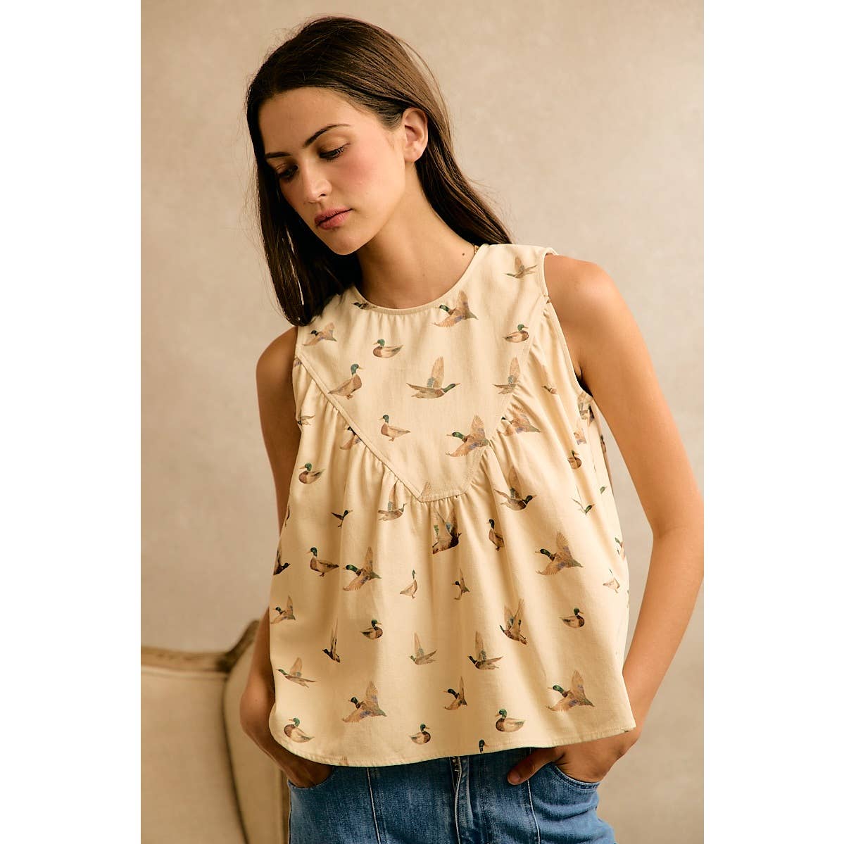 MALLARD DUCK PRINT COTTON TWILL WASH SHIRRED TANK TOP