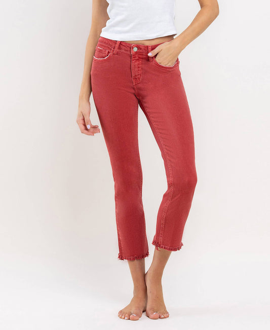 MID RISE FRAYED HEM CROP SLIM STRAIGHT JEANS V3500PRD