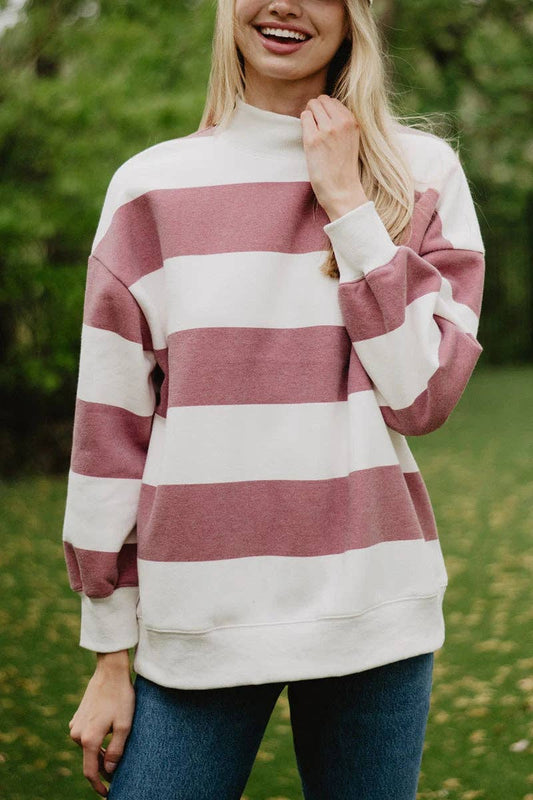 Wine and White Striped Mockneck Pullover