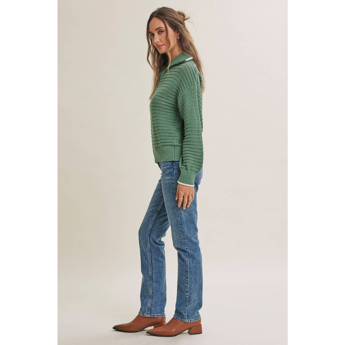 MOUNTAIN AIR CROCHET TEXTURE HALF-ZIP COTTON BLEND SWEATER