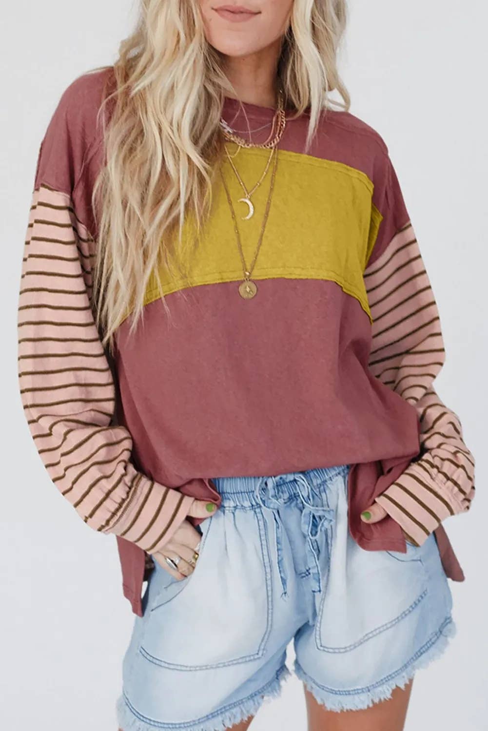 Multicolor Clashing Stripe Bishop Sleeve Top