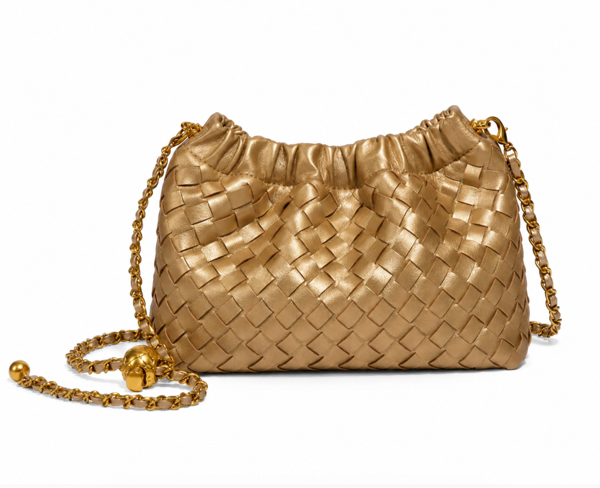 Golden Woven Vegan Leather Chain Shoulder Bag