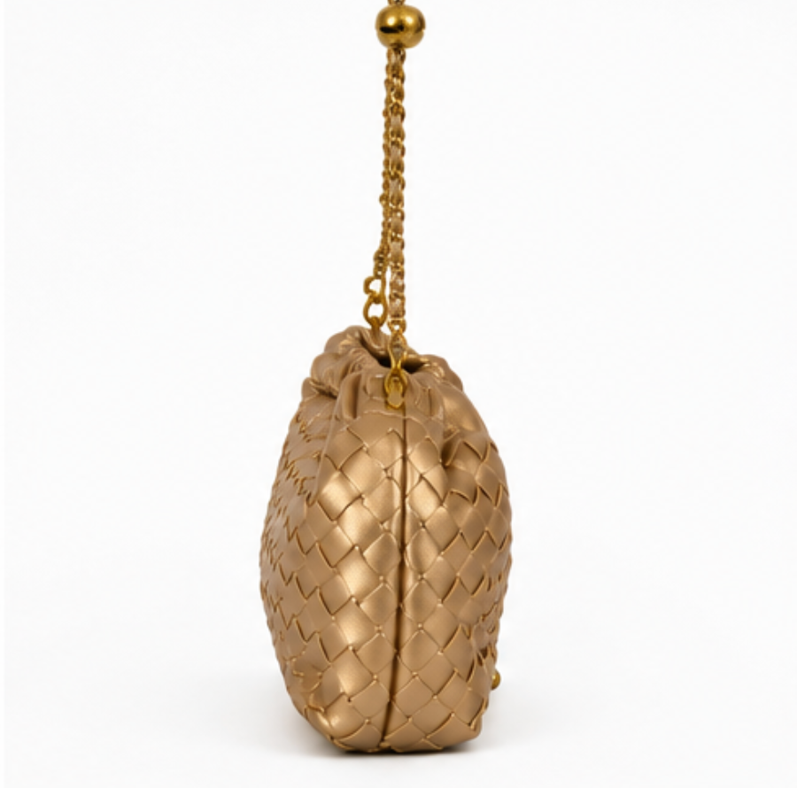Golden Woven Vegan Leather Chain Shoulder Bag