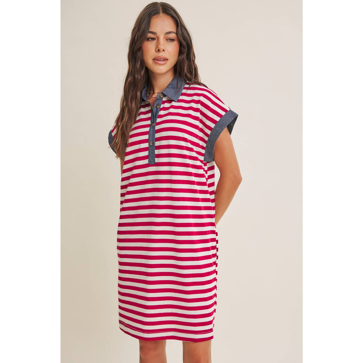 STRIPE COTTON POLO MINI DRESS WITH DENIM CONTRAST