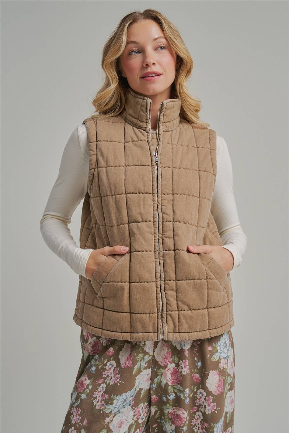 VINTAGE WASHED QUILTED PUFFER VEST STAND COLLAR_JLT00330-01