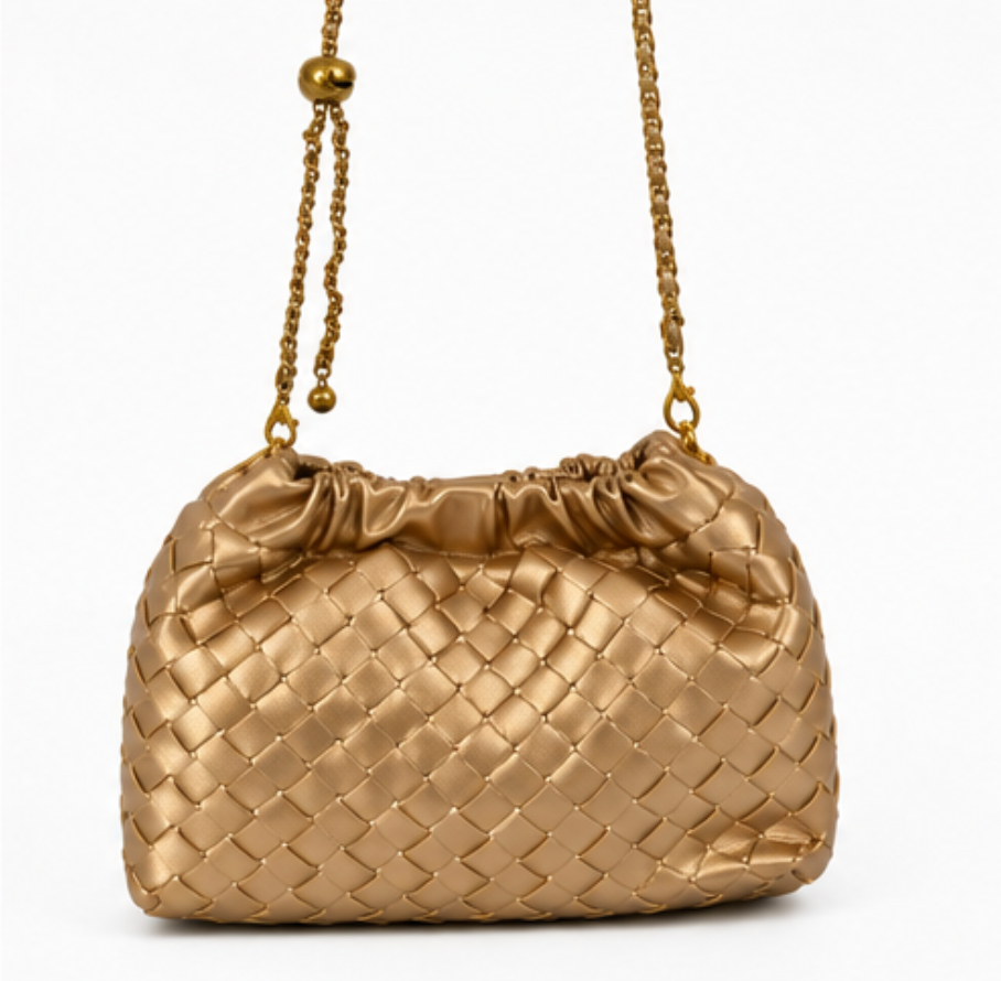 Golden Woven Vegan Leather Chain Shoulder Bag