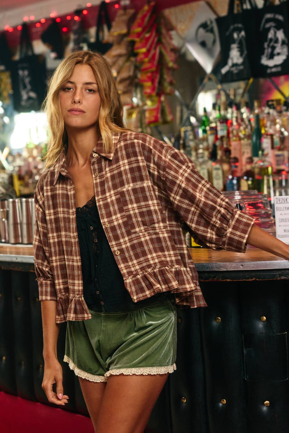 IT2444D Check Print Ruffle Hemline Shirt Top