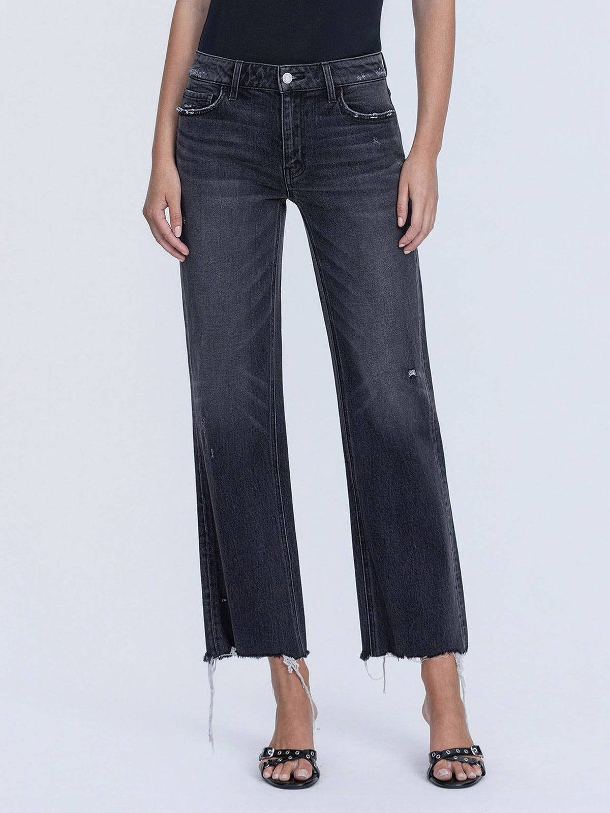 MID RISE RAW DISTRESSED HEM BLACK SLIM WIDE JEANS T7302BK