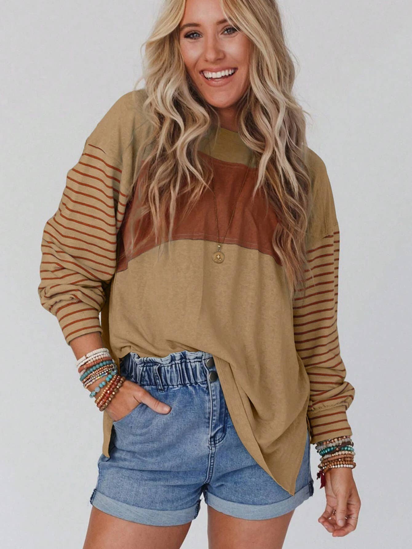 Multicolor Clashing Stripe Bishop Sleeve Top