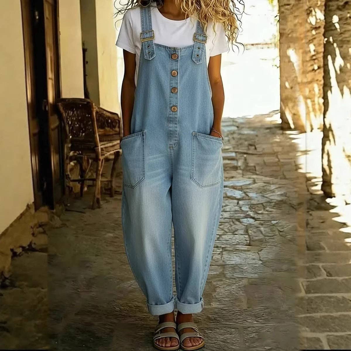 Washed Denim Overalls Adjustable Strap Relaxed Fit