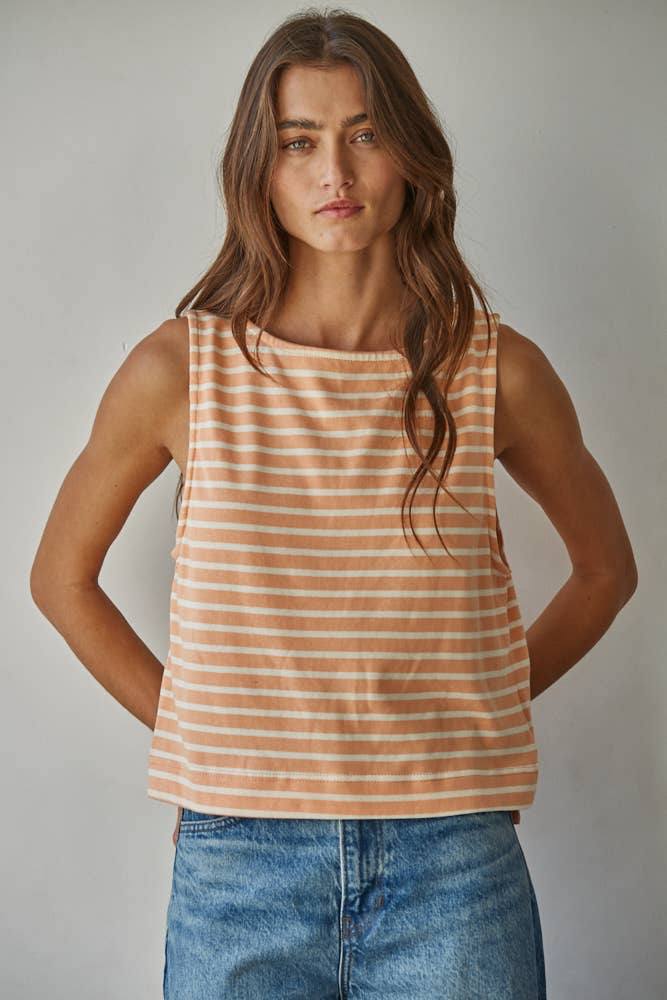 L9620 | Knit Cotton Striped Round Neck Sleeveless Top
