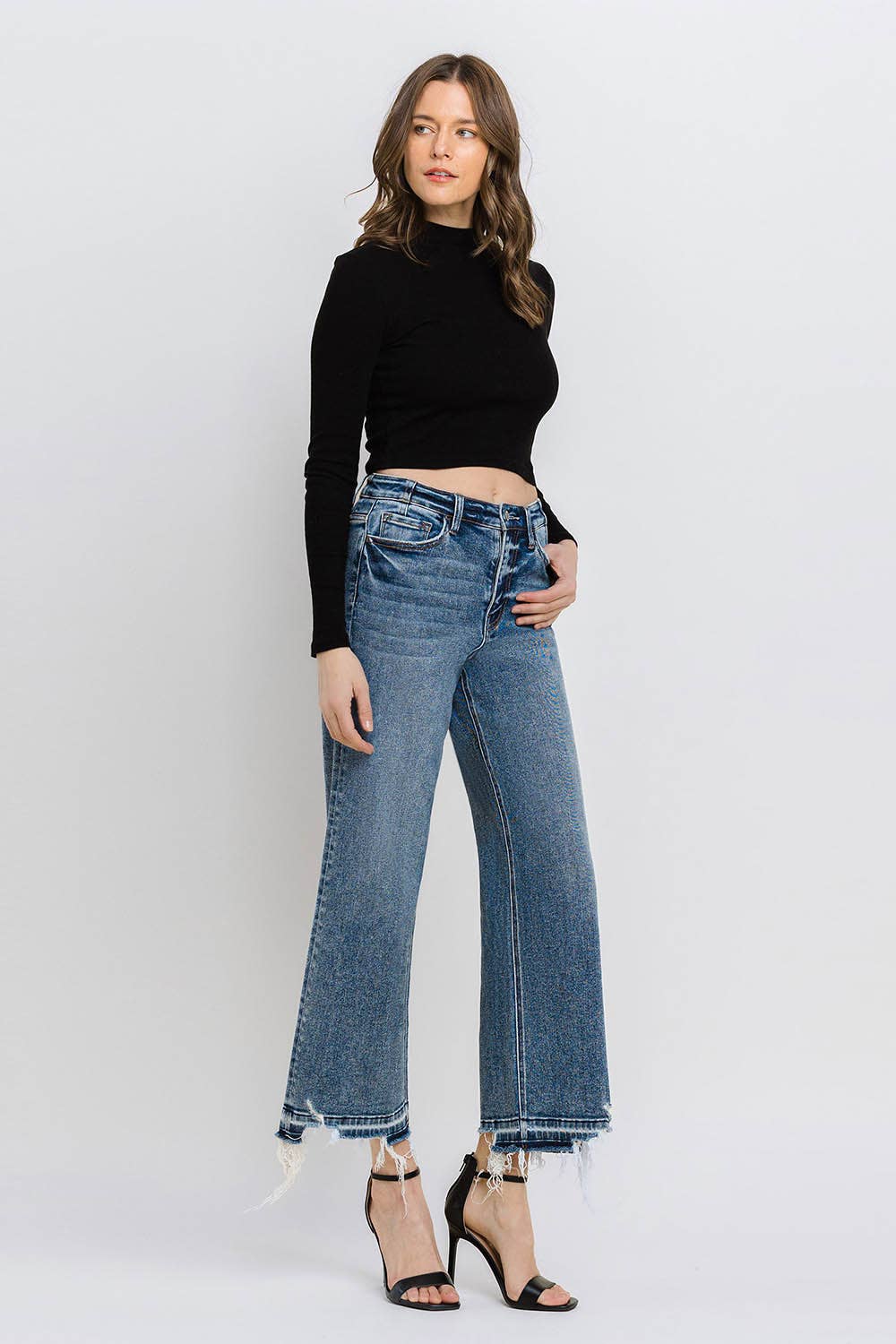 Flying Monkey SUPER HIGH RISE UNEVEN RAW HEM CROP WIDE JEANS