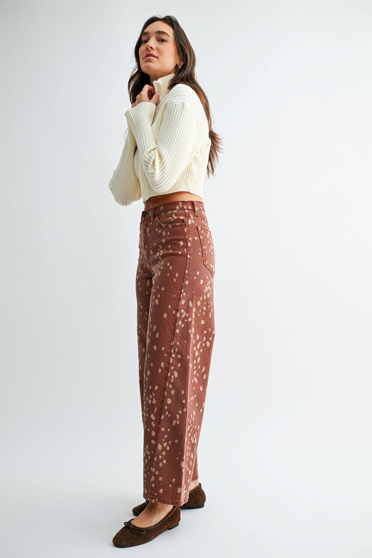 Printed Hem Seamed Slim Wide Leg - DEER PRINT - DP884-A
