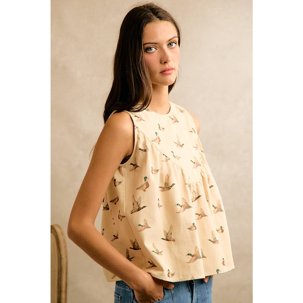 MALLARD DUCK PRINT COTTON TWILL WASH SHIRRED TANK TOP