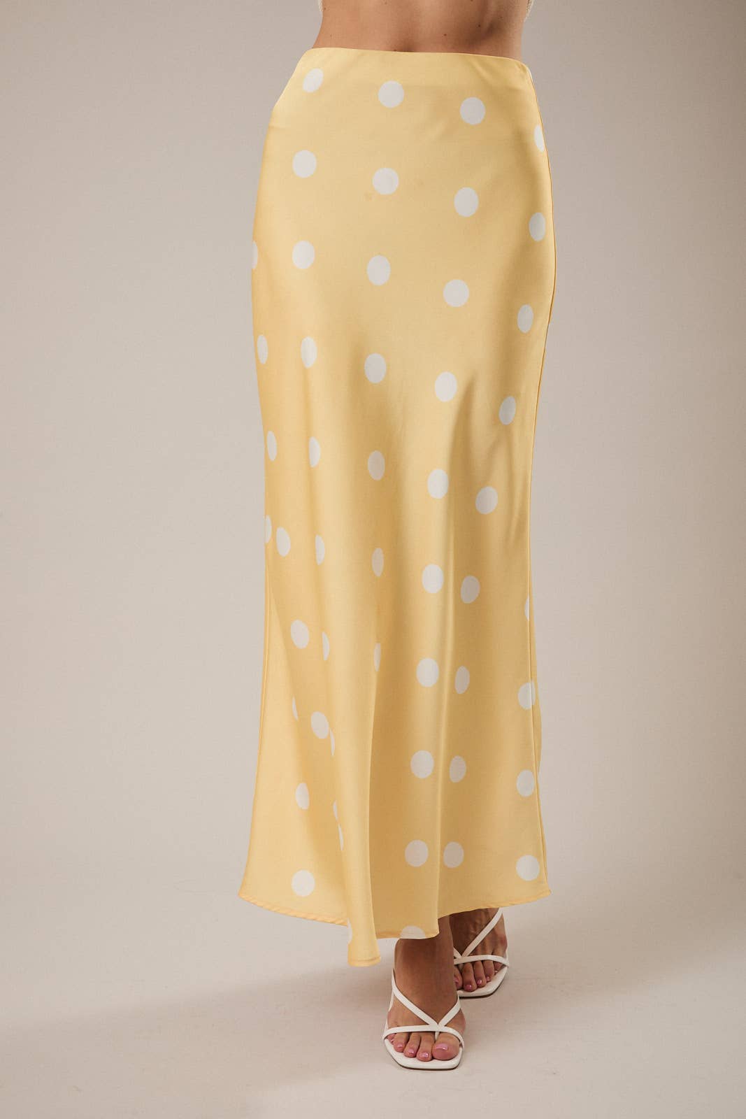Polka Dot Satin Elastic Waist Midi Skirt