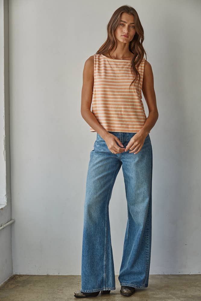 L9620 | Knit Cotton Striped Round Neck Sleeveless Top