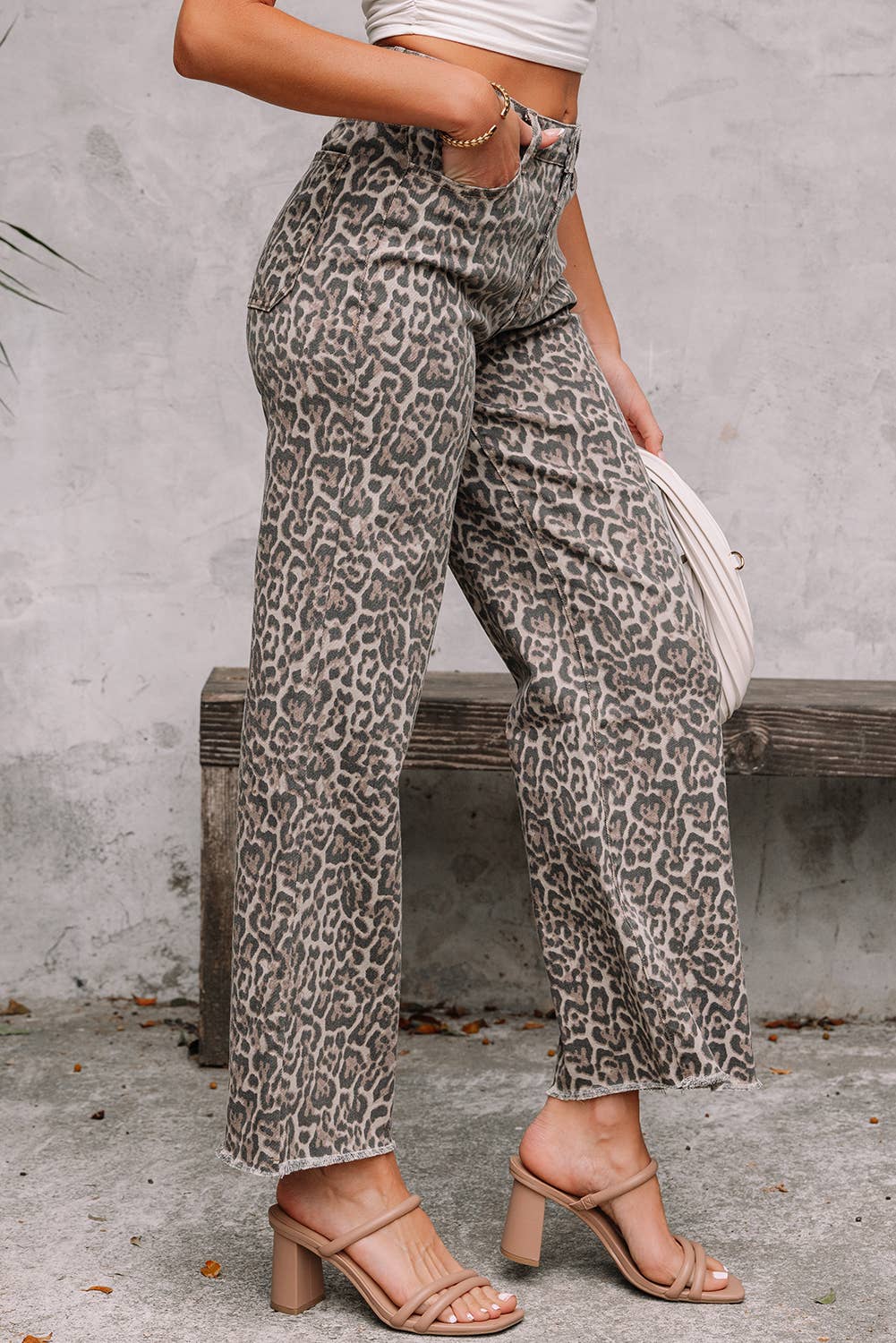 LAS Leopard Frayed Edge Wide Leg High Waist Jeans (4-16)