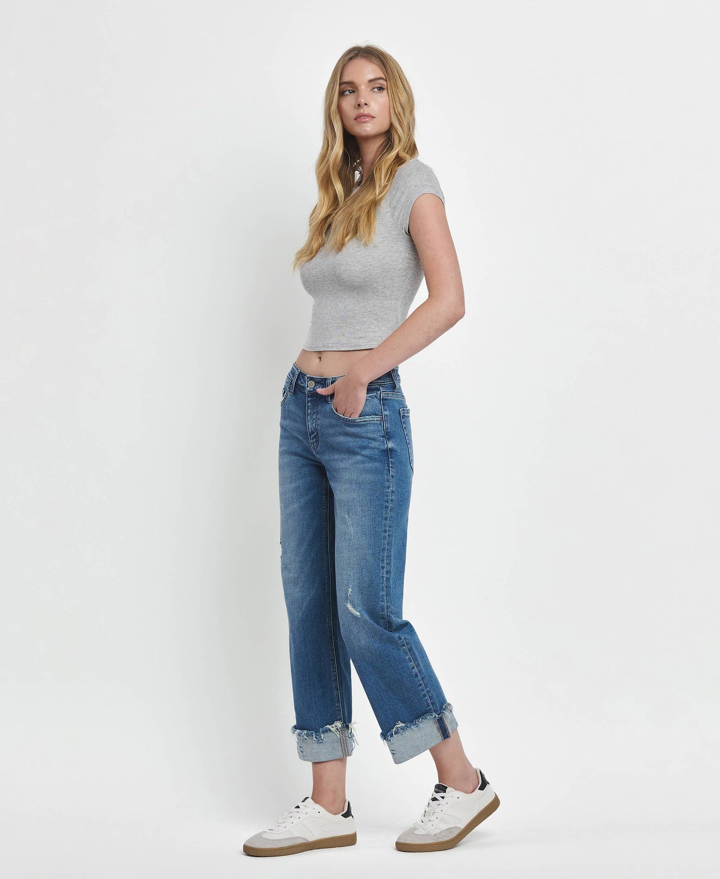 MID RISE RAW CUFFED HEM SLIM WIDE JEANS F5861