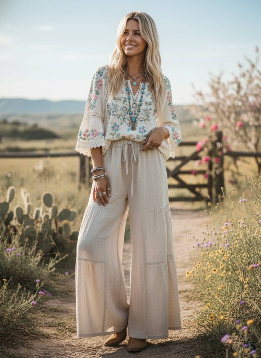 Linen Blend Tiered Wide Leg Palazzo Full Length Pants