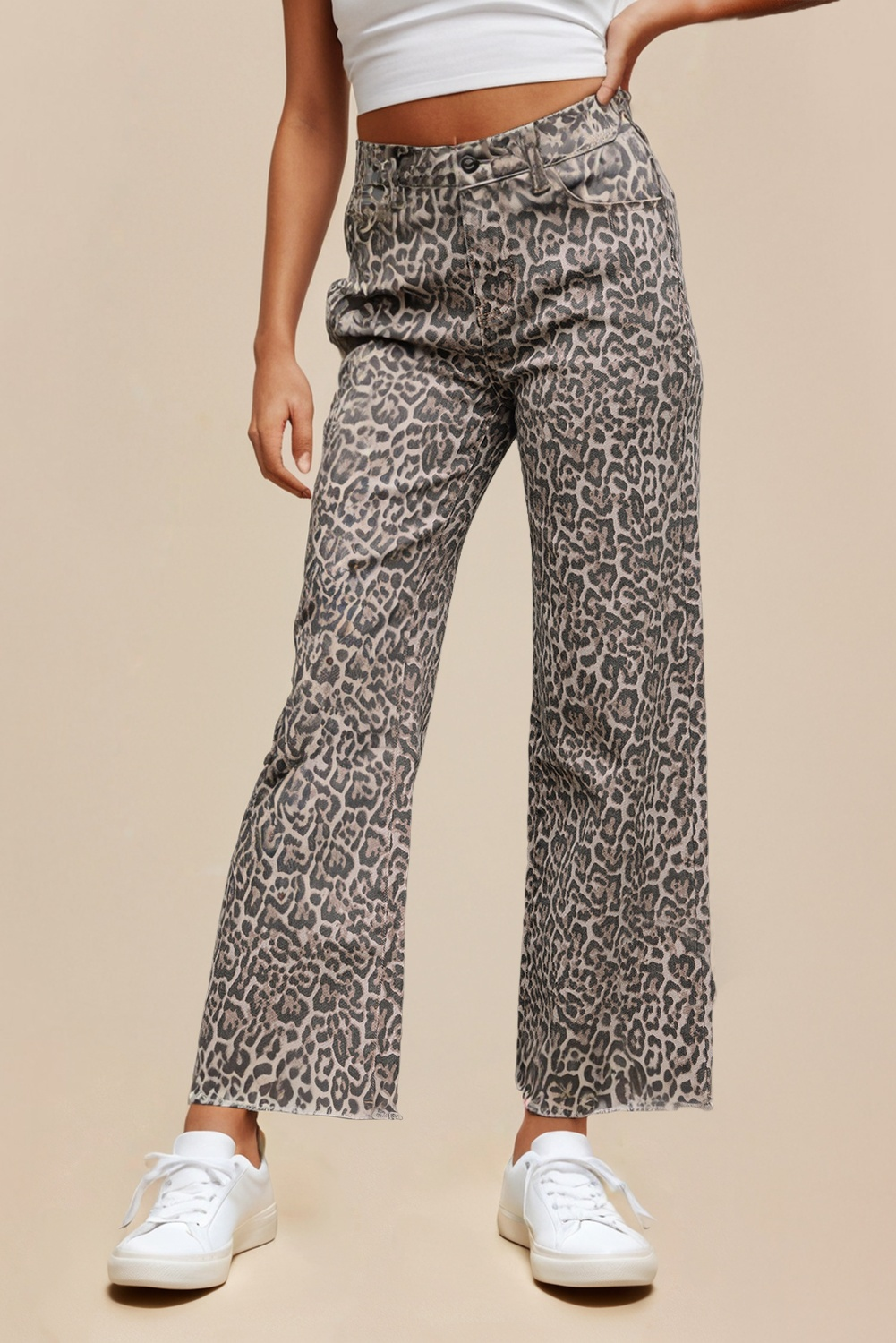 LAS Leopard Frayed Edge Wide Leg High Waist Jeans (4-16)