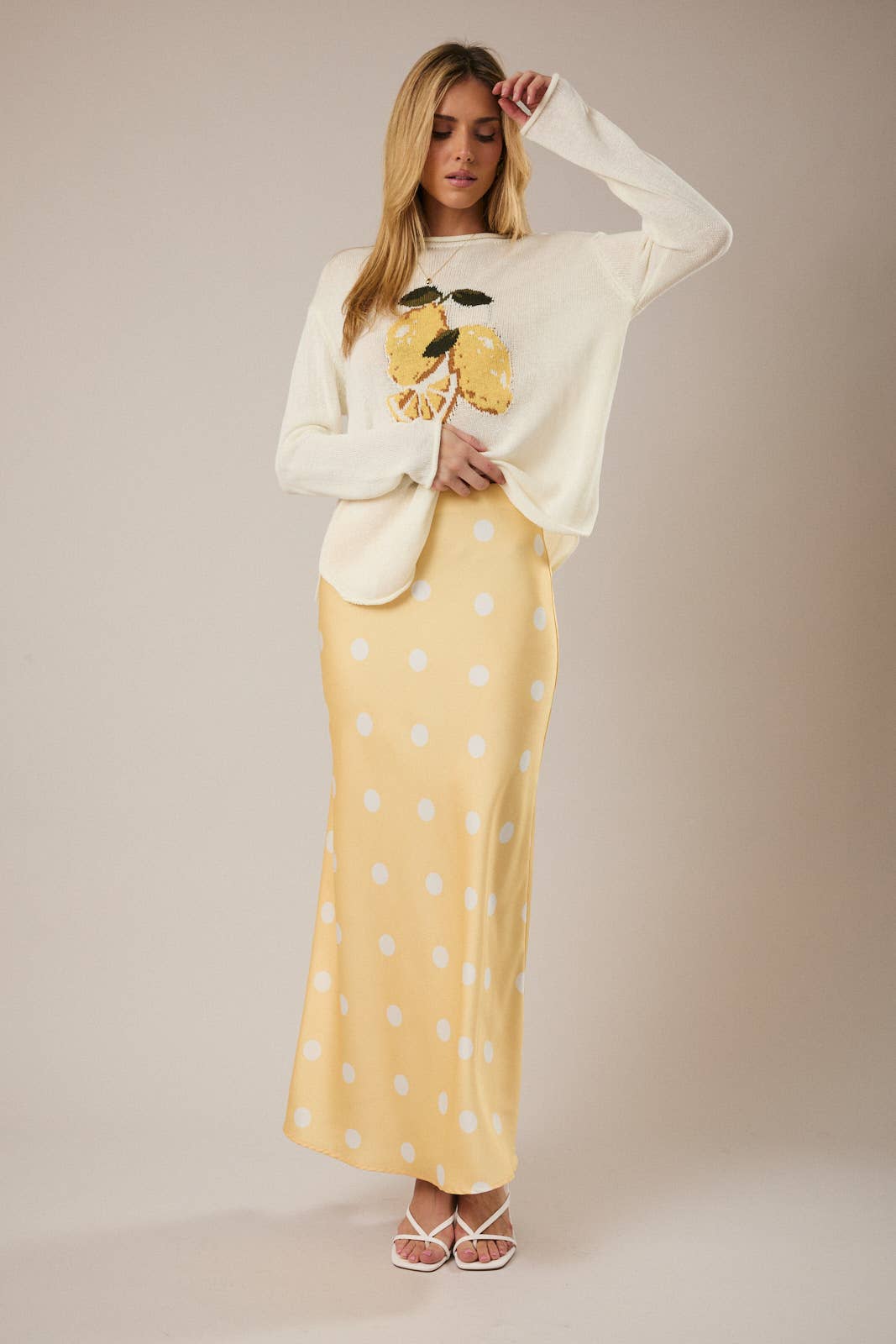 Polka Dot Satin Elastic Waist Midi Skirt